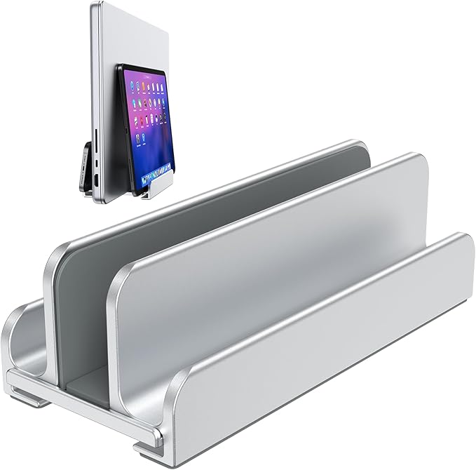 Vertical Laptop Stand, Aluminum Laptop Holder, Adjustable 3-in-1 Design, Compatible with MacBook, MacBook Pro/Air, Dell, HP, Lenovo, Up to 17.3 inches (Silver)