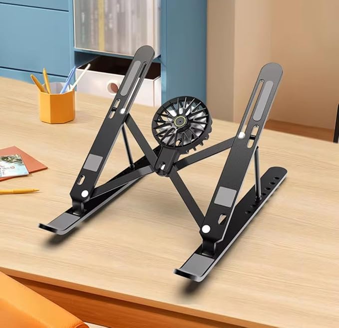 Adjustable Laptop Stand with Detachable Cooling Fan – Portable Foldable Notebook Riser with Heat Sink, USB Powered, Ergonomic & Anti-Slip Design for 10"–17" Laptops (Black)