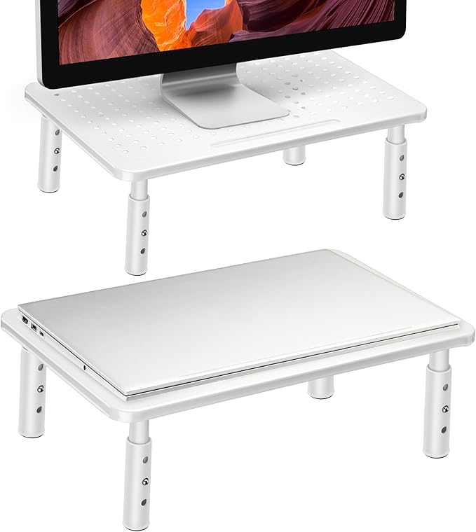 White Monitor Stand Risers for 2 Monitors, 3 Height Adjustable Monitor Stand with Pen Holder, Dual Monitor Riser Laptop Riser for Office, Home, School Supplies, 2 Pack