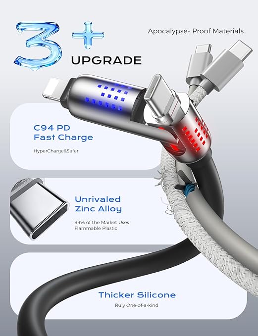 MAGIC JOHN 240W 4 in 1 Charging Cable, 6.6FT USB C to Lightning Cable [MFi Certified], Multi Chargers for All Devices, Chubby USB A/C to C/Lightning with Light for iPhone/MacBook/iPad/Samsung/Switch 2