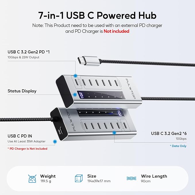 Powered USB C Hub, PULWTOP 7 in 1 USB C Hub Support Data 10Gbps & Charging(Not Support Video), USB C Powered Hub 10Gbps Ports for iMac, MacBook Pro/Air, iPad, XPS, USB Hub with 35W PD Power Adapter