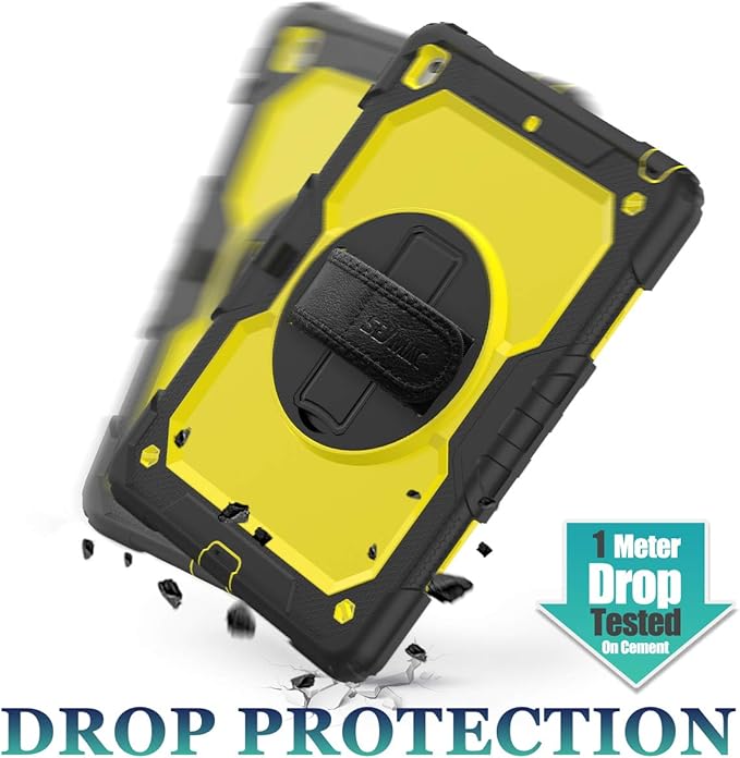 SEYMAC stock Case for iPad 9th/ 8th/ 7th Generation 10.2'', Shockproof with Screen Protector, Pencil Holder [360° Rotating Hand Strap] & Stand, for iPad 10.2 inch 2021-2019 (Yellow+Black)