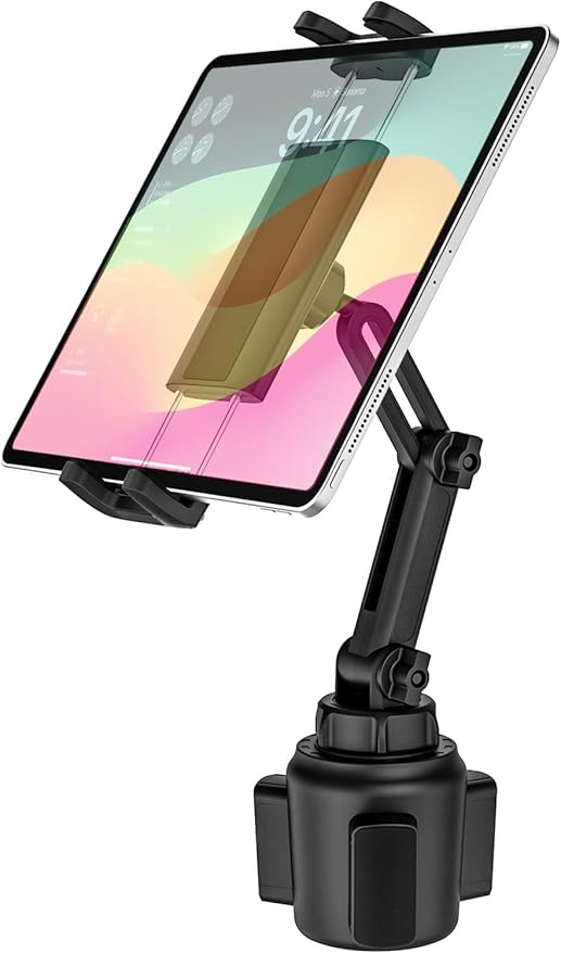 Car Cup Holder Tablet Mount for iPad, [Height & Angle Adjustable] Truck Cup Mount Tablet Holder, Stable Vehicle Cup Stand for iPad 12.9 Pro Air Mini, Galaxy Tabs, Z Fold, iPhone, 4-13" Tablets