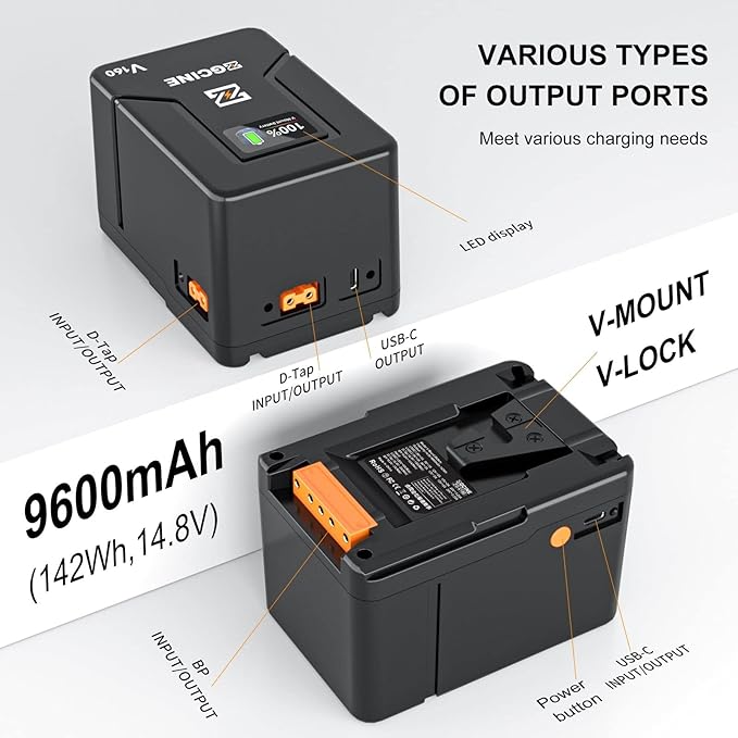 EACHSHOT ZGCINE ZG-V160 9600mAh High Capacity V-Mount Battery, with one BP, Double D-tap, Double USB-C Ports, Support PD Fast Charging, for Aputure 120D 120T 120D II 300D 300D II 300X