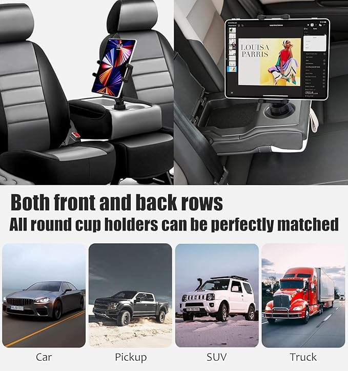 Charchendo Adjustable Extendable Cup Holder Tablet Stand - 4-12.9 inch Tablet & Phone Mount, Non-Slip Secure Clamp, for Car/Truck, Fits iPad Pro/Air/Mini, Samsung Galaxy Tab