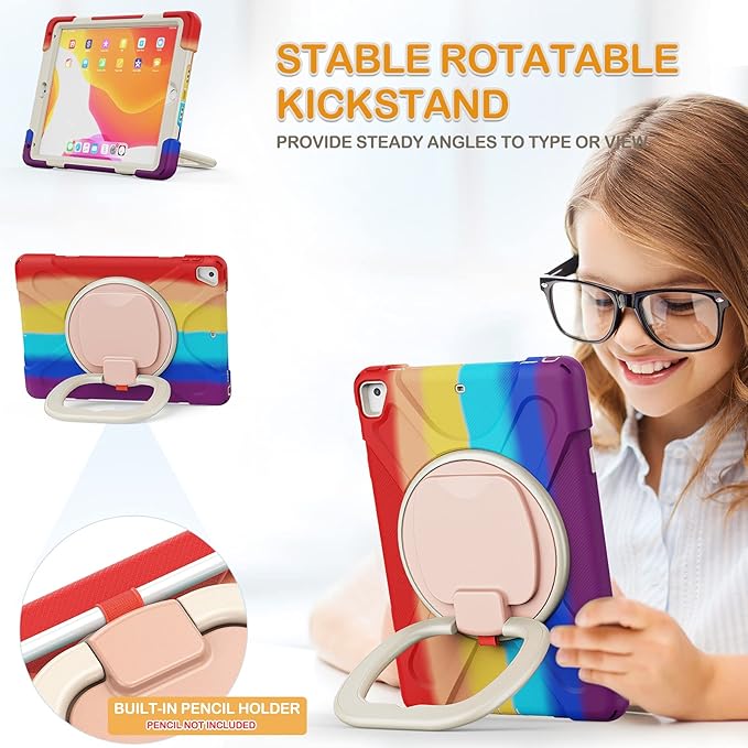 BRAECN Case for 9.7 Inch iPad 5th/6th Gen 2018/2017, Drop Protection Silicone Cover w/Pencil Holder, Shoulder Strap, Folding Handle Grip, Kickstand for Kids, Fit for iPad Pro 9.7”/Air 2- Colorful Red