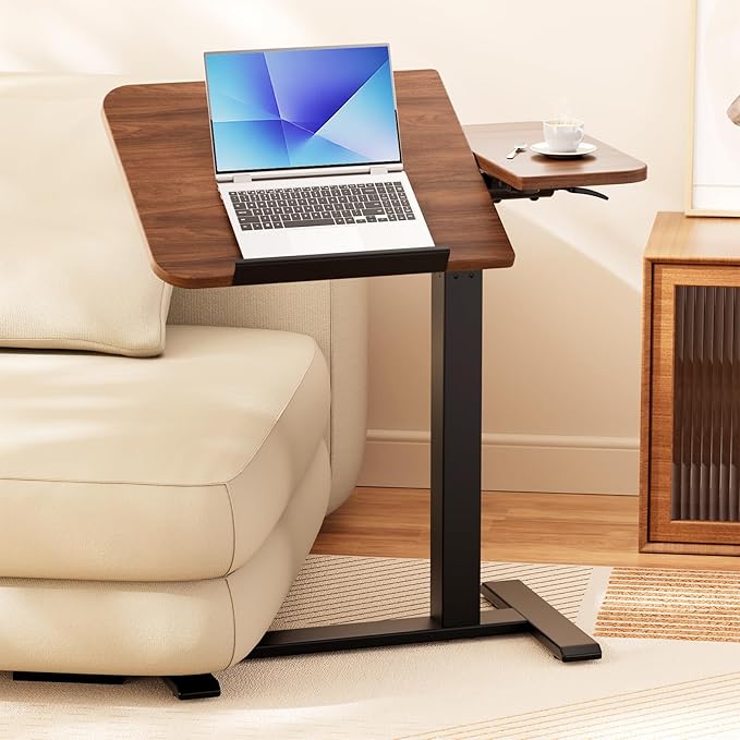 COMHOMA Tiltable Mobile Small Standing Desk, Pneumatic Adjustable Height Overbed Bedside Table with Wheels, Sit Stand Portable Rolling Laptop Desk Computer Workstations, Walnut