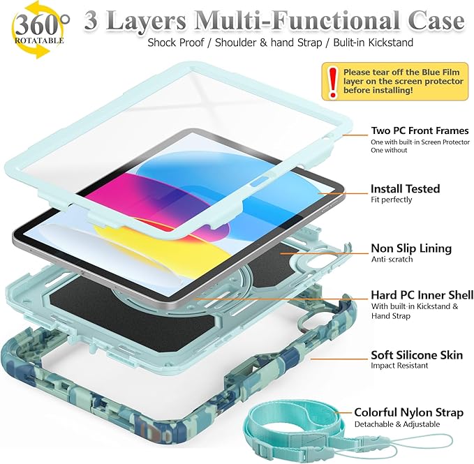SEYMAC stock Case for iPad (A16) 11th/10th Generation 11''/10.9'' 2025/2022, Full-Body Drop Protection Case with Screen Protector &360° Rotate Hand Strap/Stand, SkyBlue Camo