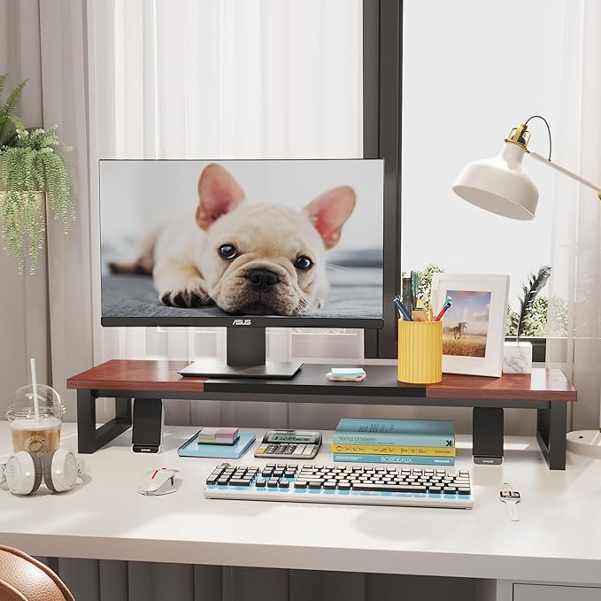 YAOHUOO Dual Monitor Stand Riser, 39Inch Large Monitor Stands for 2 Monitors, Computer Monitor Stand, Wooden Desktop Oraganizer Shelf for Office Desk Computer,Laptop,TV