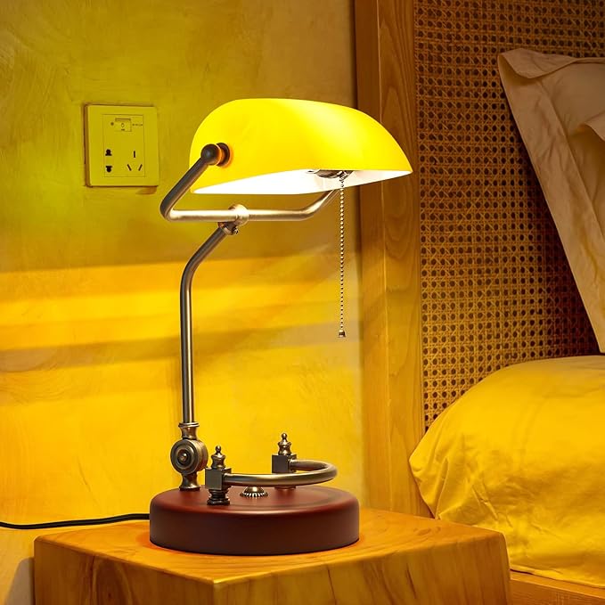 Bankers Lamp, Traditional Orange Desk Lamp with Solid Birch Wood Base, Orange Glass Antique Library Lamp with Pull Chain Switch, Plug in Vintage Bankers Desk Lamp for Office, Study Room 【E26 Socket】
