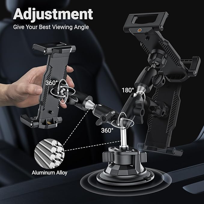 Car Dashboard Windshield Tablet Holder, [Strong Suction Cup & Metal Adjustable Arm] Vehicle/Truck Mount for iPad Pro 12.9/ Air/Mini, Galaxy Tab, All 6.1-15.6" Tablet and Phone
