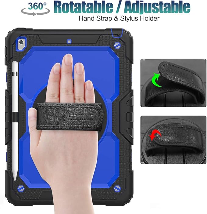 SEYMAC stock Case for iPad 9th/ 8th/ 7th Generation 10.2'', Shockproof with Screen Protector, Pencil Holder [360° Rotating Hand Strap] & Stand, for iPad 10.2 inch 2021-2019 (Blue+Black)