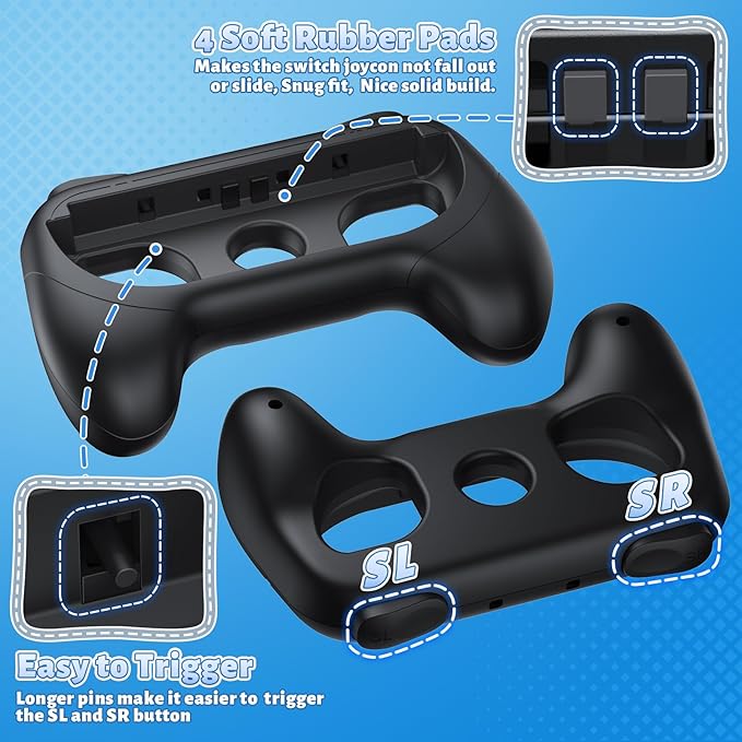 [Switch 1/2 Compatible] FASTSNAIL Grips for Nintendo Switch 2(2025)/1&OLED for Joy-Con 2, Wear-Resistant & Anti-Slip Controller Grips Handle Kit, Switch 2 Joypad Holder Accessories (Black,Black)