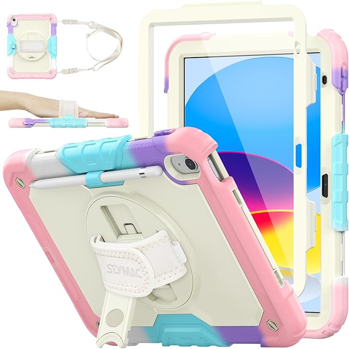 SEYMAC stock Case for iPad (A16) 11th/10th Generation 11''/10.9'' 2025/2022, Full-Body Drop Protection Case with Screen Protector &360° Rotate Hand Strap/Stand, Yellowish+Pink