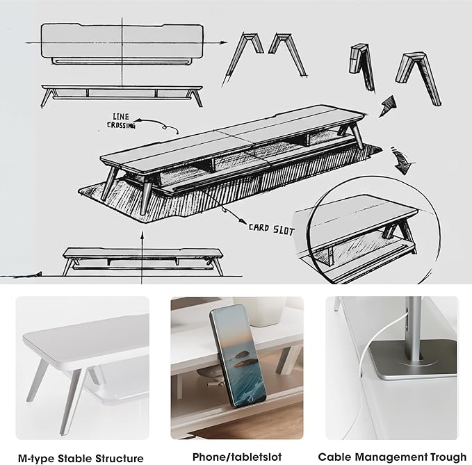 Fenge Dual Monitor Stand, 2 Tiers Acrylic Monitor Riser with LED Lights, 42.5 Inch Wood and Aluminum Desk Shelf with Phone and Tablet Holder