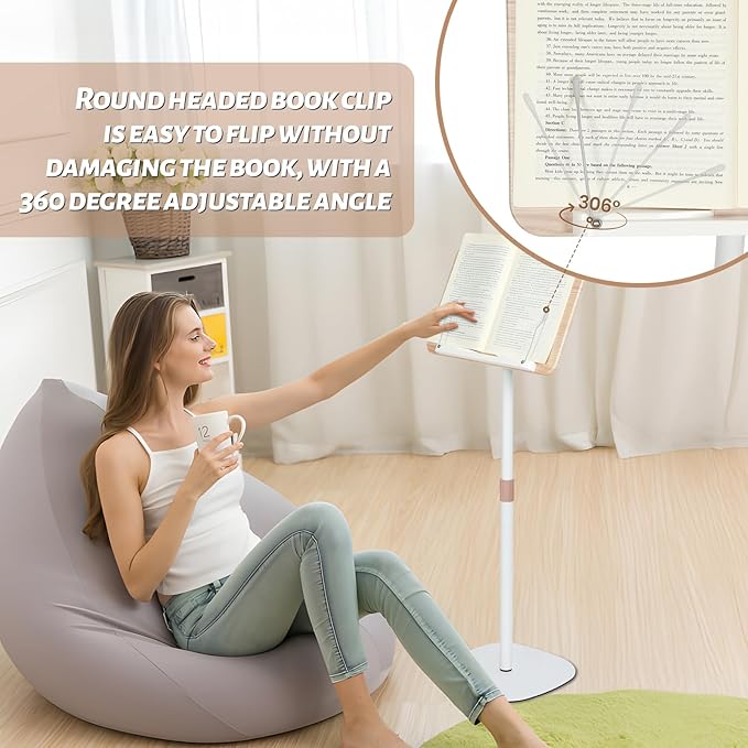 Adjustable Floor Book Stand Height From20'-51‘ and Angle, Music Stand,Laptop Floor Stand for Tablet Bibles, Recipes, Cooking, Books Wooden Display Rack,Stable Portable with Clip