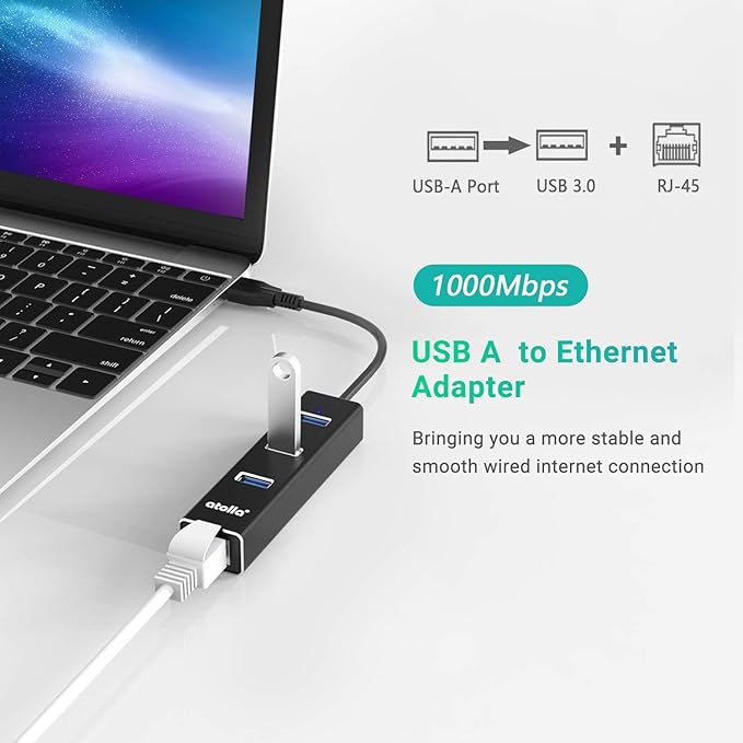 USB to Ethernet Adapter, atolla 3 Ports USB 3.0 Hub with 10/100/1000 Mbps LAN RJ45 Gigabit Network Adapter, Supports Windows 10/8/7, Mac OS, Linux