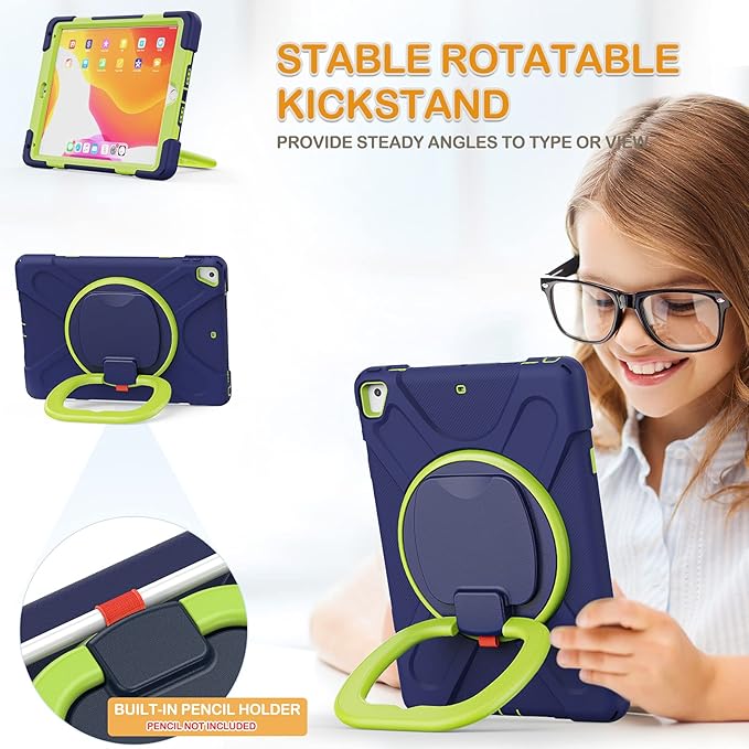 BRAECN Case for iPad 9.7”, iPad 6th/5th Generation 2018/2017, iPad Air 2, Hybrid Shockproof Rugged Drop Protection Cover with Kickstand, Pencil Holder, Carrying Strap, Hand Grip for Kids-Navy+Green