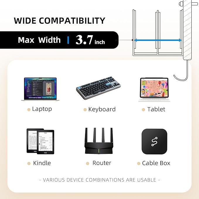 Universal Laptop Wall Mount Holder, Adjustable Metal Desk Organizer with Hooks | Ventilated Cooling & Anti-Scratch Pads | Compatible with 10-17.3 inch Laptop, Tablet, Keyboard, Router, Modem