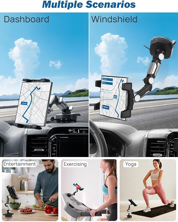 JOYTUTUS 5-in-1 Car Phone Holder & Tablet Mount, Universal Dashboard Windshield Suction Cup Stand with 360° Rotation, Fits for iPhone, Samsung Z Fold 7/6/5, All Foldable Phones and 4.7-12.9" iPad