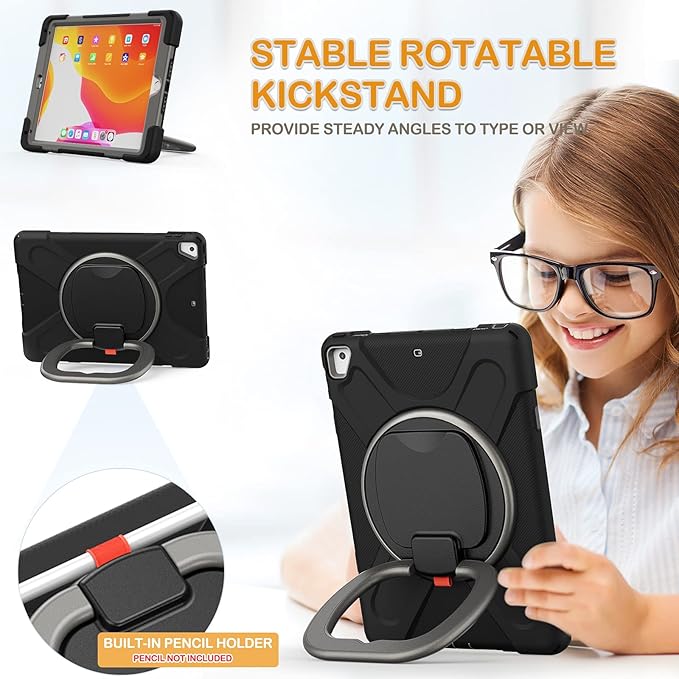 BRAECN Case for iPad 9.7 Inch 6th/5th Generation 2018/2017, iPad Air 2, 3-Layer Protective Silicone Cover with Pencil Holder/Hand Grip/Kickstand/Shoulder Strap for iPad 5th/6th Generation-Black+Grey