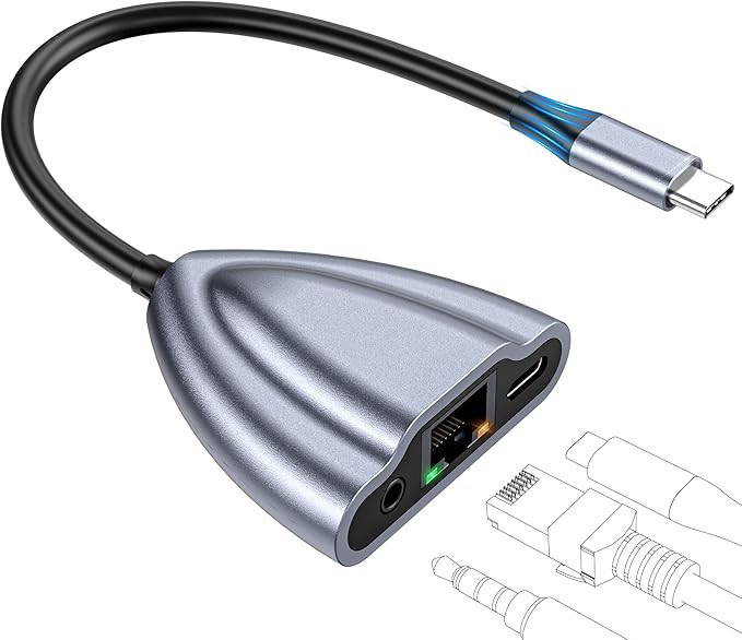 USB C Hub Multiport Adapter, 4 in 1 USB C Spliter to 3.5mm Audio, 1Gbps RJ45 Ethernet and Type C Adapter Supporting 60W PD Charging & 480Mbps Transfer, Dongle for Laptop/Mac/Phone/Switch(Gray)
