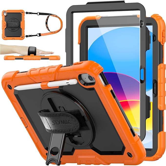SEYMAC stock Case for iPad (A16) 11th/10th Generation 11''/10.9'' 2025/2022, Full-Body Drop Protection Case with Screen Protector &360° Rotate Hand Strap/Stand, Black+Orange