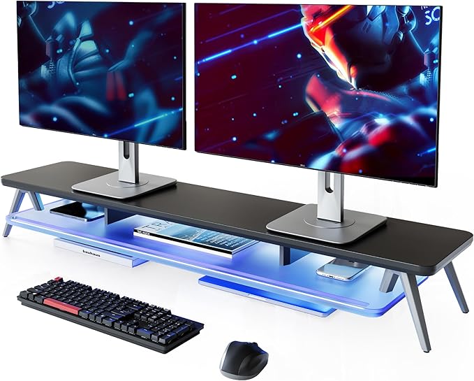 Fenge Dual Monitor Stand, 2 Tiers Acrylic Monitor Riser with LED Lights, 42.5 Inch Wood and Aluminum Desk Shelf with Phone and Tablet Holder