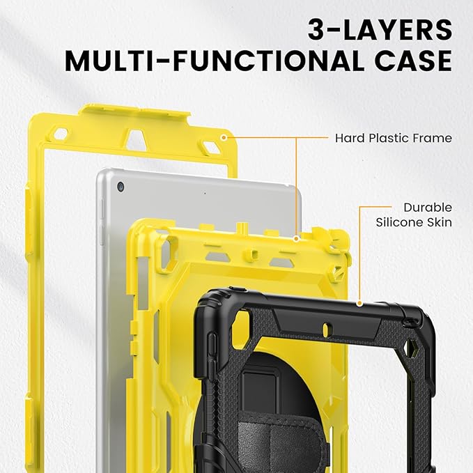 Timecity Case for iPad 9th/ 8th/ 7th Generation 10.2 inch - Heavy Duty Protective Cover with Screen Protector, Rotating Stand, Shoulder Strap & Pencil Holder | Kids-Friendly (Yellow)