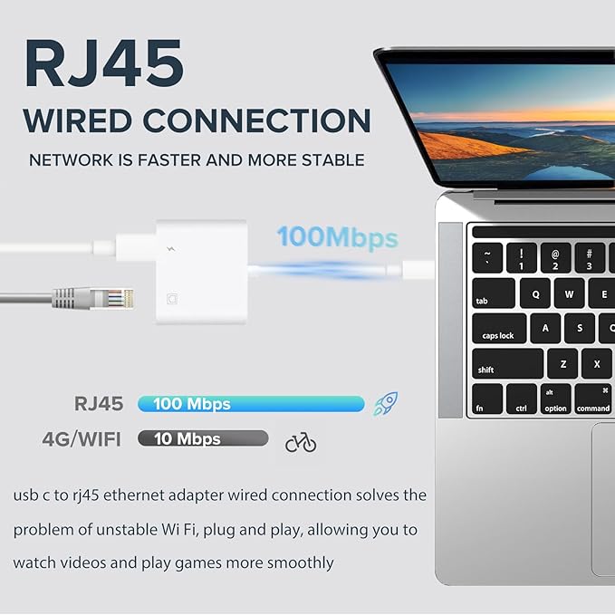 USB C to Ethernet Adapter 2 in 1 USB C to RJ45 Adapter with Type C PD Charging Port Compatible with iPhone16/Android/MacBook Supports 100Mbps Ethernet Network