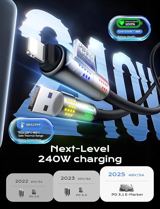 MAGIC JOHN 240W 4 in 1 Charging Cable, 4FT USB C to Lightning Cable [MFi Certified], Multi Chargers for All Devices, Chubby USB A/C to C/Lightning with Light for iPhone/MacBook/iPad/Samsung/Switch 2