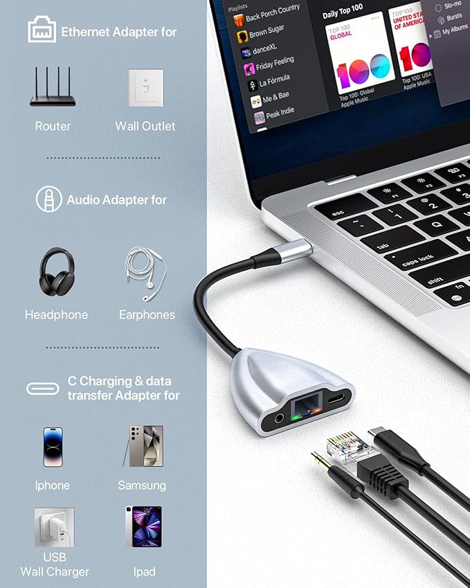 USB C Hub Multiport Adapter, 4 in 1 USB C Spliter to 3.5mm Audio, 1Gbps RJ45 Ethernet and Type C Adapter Supporting 60W PD Charging & 480Mbps Transfer, Dongle for Laptop/Mac/Phone/Switch(Silver)