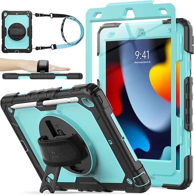 SEYMAC stock Case for iPad 9th/ 8th/ 7th Generation 10.2'', Shockproof with Screen Protector, Pencil Holder [360° Rotating Hand Strap] & Stand, for iPad 10.2 inch 2021-2019 (SkyBlue+Black)