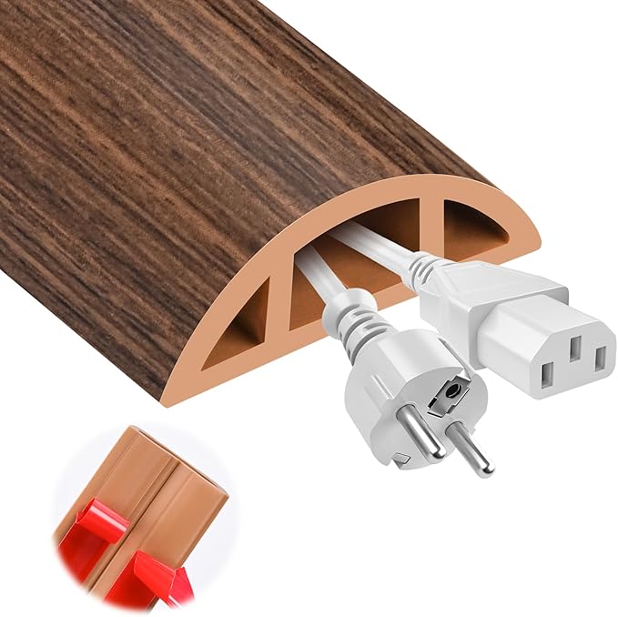 MYFAMIREA 10FT Floor Cord Cover for Wire Self Adhesive Cable Cavity Management PVC Extension Cord Hider Power Floor Wire Protector Prevent Cable Trips for Office Home Outdoor (Dark Brown Wood, 1.18'')