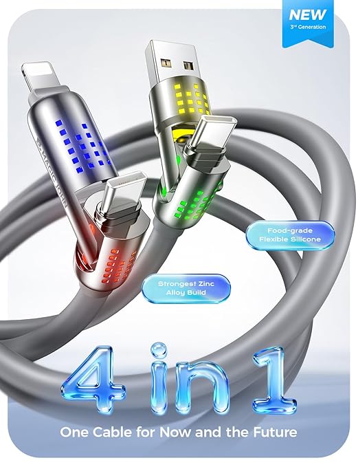 MAGIC JOHN 240W 4 in 1 Charging Cable, 6.6FT USB C to Lightning Cable [MFi Certified], Chubby USB A/C to C/Lightning with Light for iPhone/MacBook/iPad/Samsung/Switch 2, Multi Chargers for All Devices