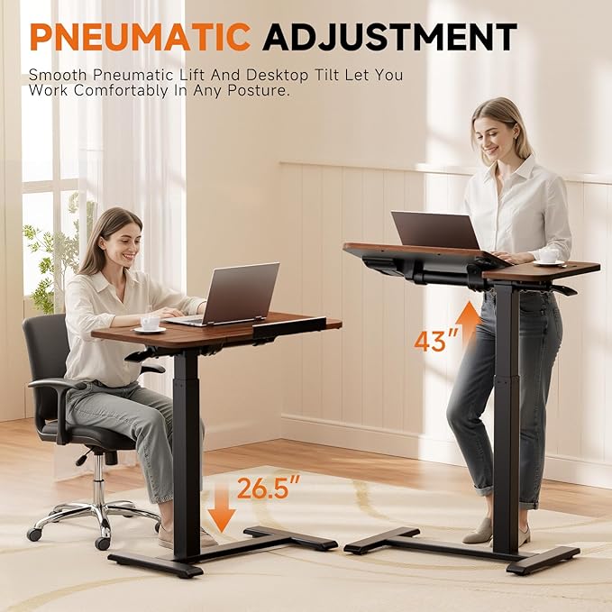COMHOMA Tiltable Mobile Small Standing Desk, Pneumatic Adjustable Height Overbed Bedside Table with Wheels, Sit Stand Portable Rolling Laptop Desk Computer Workstations, Walnut