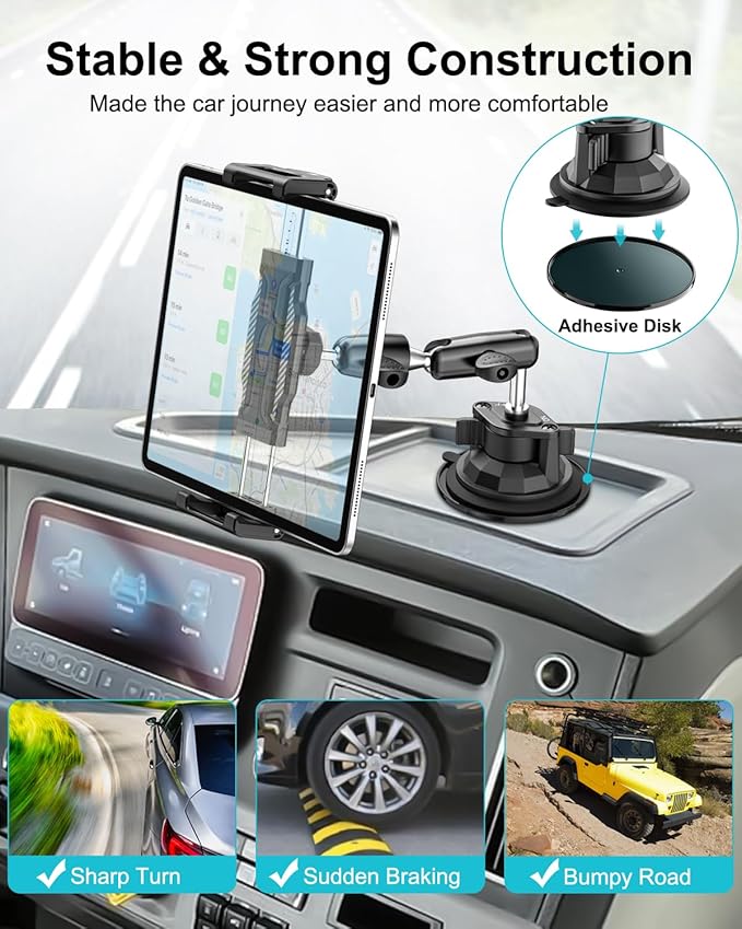 Car Tablet Mount Dashboard, [UP to 15.6"] Ultra-Stable Suction Cup Tablet Holder for Truck, Heavy Duty Vehicle Windshield Cradle for iPad Pro 12.9 Air Mini, Galaxy tab, iPhone, 6.1-15.6" Device