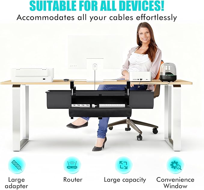 No Drill Under Desk Cable Management Tray - 36" Premium Fabric Cord Organizer for Table - with Silicone Pads & Cable Ties & Sticky Notes - Supports Up to 30lbs for Office & Home
