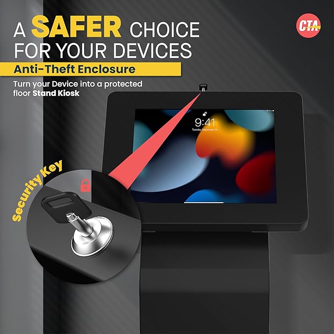 CTA Digital Locking Stand Kiosk Premium Small Locking Support Base Kiosk with Steel Body and Heavy-Duty Security Enclosure - iPad mini A17 Pro & 1/2/3/4/5/6 - Samsung Tab A 8″