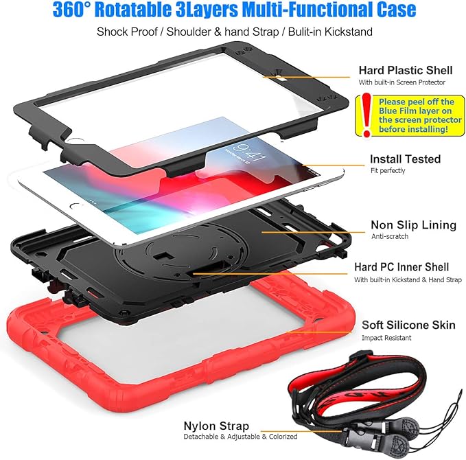 SEYMAC stock Case for iPad mini 5/4 with Screen Protector Pencil Holder [360 Rotating Hand Strap] & Stand, Drop-Proof Case for iPad mini 5th/4th Generation 7.9 inch (Black+Red)