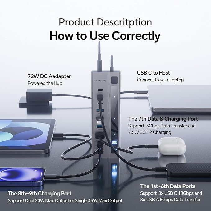 Powered USB C Hub, 9-in-1 USB-Hub suppprt 10Gbps & PD 45W Max Charging(Not Support Video), USB Powered Hub with 3 USB-C, 4 USB-A for Laptop, MacBook, iPad and More (72W Adapter Included)