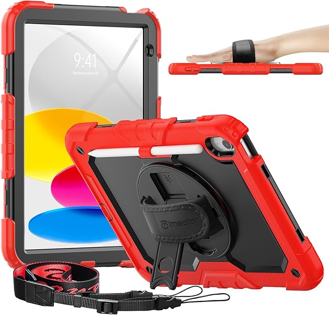 timecity for iPad (A16) 11th/ 10th Generation Case 11''/ 10.9 Inch (2025/2022) - Heavy Duty Protective Cover with Screen Protector, Stand, Shoulder Strap & Pencil Holder | Kids-Friendly - Red