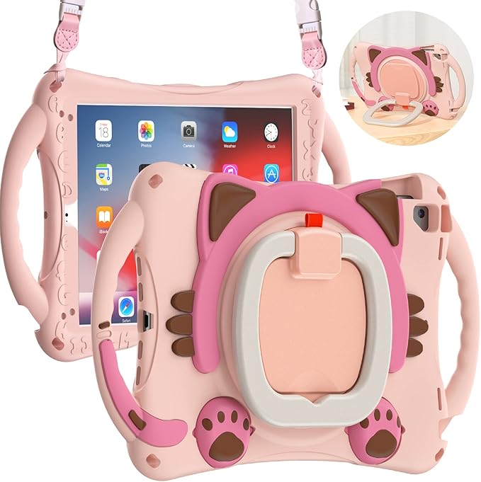 BRAECN Case for iPad 9.7 inch 6th Generation 2018/ iPad 5th Gen 2017, iPad Air 2/ Air 1/ iPad Pro 9.7'', Protective Cover with Pencil Holder & Kickstand & Shoulder Strap, Cute Cat Case for Kids-Pink