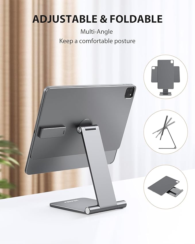 KU XIU Magnetic Wireless Charging Stand Only Compatible with iPad Air 13 M2 / M3, iPad Pro 12.9 6th/5th/4th/3rd, Aluminum Alloy Foldable Tablet Holder, Adjustable Desk Stand Mount with 1M Cable