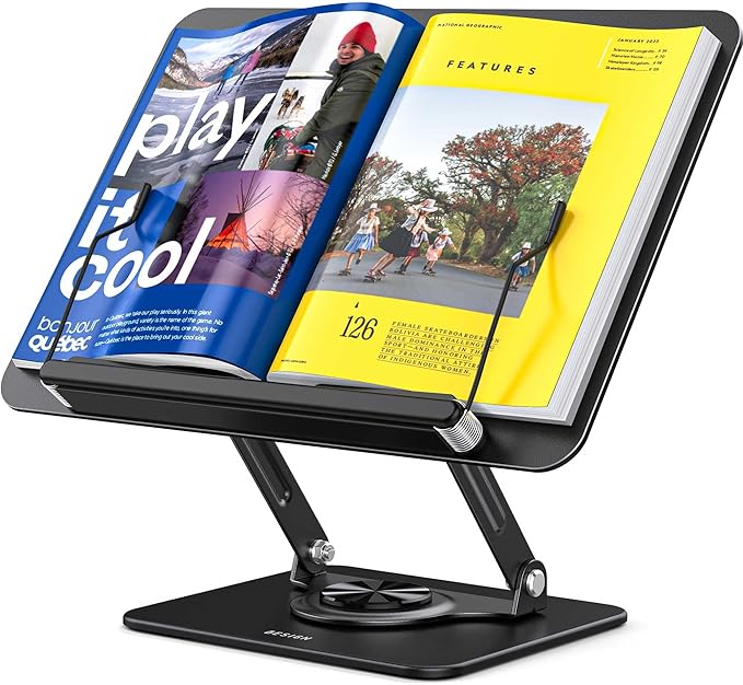 BESIGN BS02 Book Stand for Reading, Adjustable Book Holder, Ergonomic Laptop Stand with Elastic Page Clips for Music Scores, Recipe, Tablet (Black)