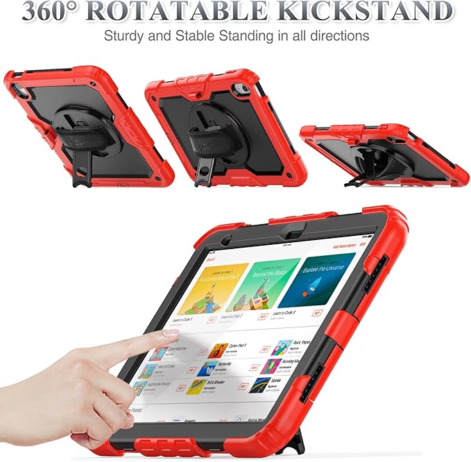 SEYMAC stock Case for iPad (A16) 11th/10th Generation 11''/10.9'' 2025/2022, Full-Body Drop Protection Case with Screen Protector &360° Rotate Hand Strap/Stand, Black+Red