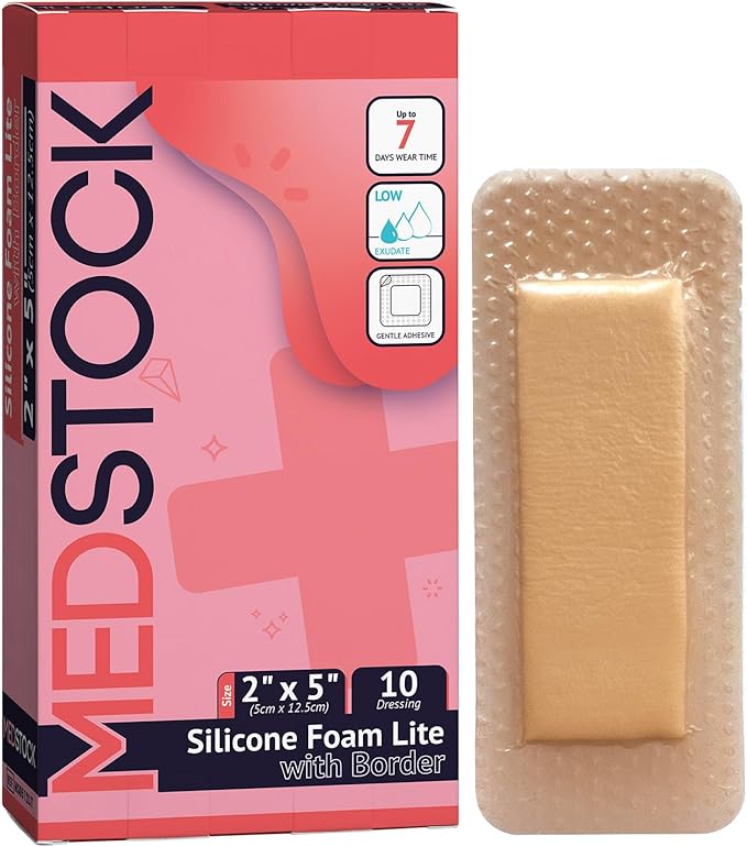 MEDSTOCK Silicone Foam Lite Dressing with Border, 2"x5" (Pack of 10), Comfortable Healing for Wounds, Waterproof, Gentle & Secure Adhesion