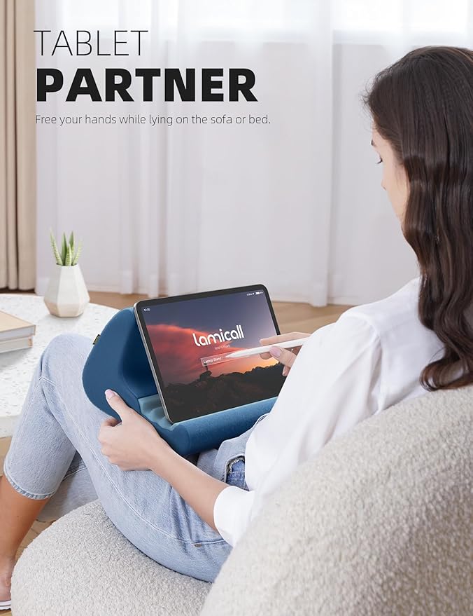 Lamicall Tablet Stand, Pillow Holder for Bed - Soft Pad Lap Mount With Stylus Mount & Pocket for iPad Pro 12.9, Air, Mini, Kindle, Galaxy Tab and 4-13" Tablets, Royal Blue