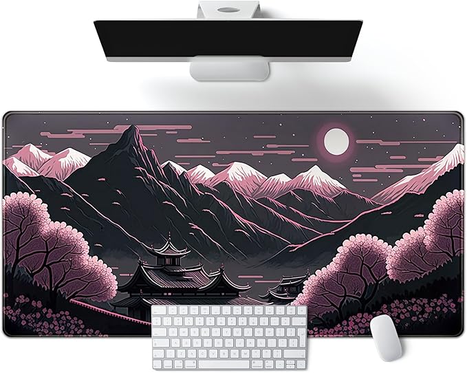Sakura Blossom Desk Mat Japanese Scenery Mountain Large Mouse Pad XXL Extended Gaming Mousepad Japan Black Pink Aesthetic Desk Pad Keyboard Mouse Mat 31.5''X15.7'' Desk Decor