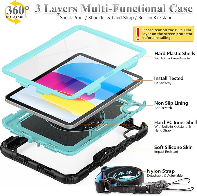 SEYMAC stock Case for iPad (A16) 11th/10th Generation 11''/10.9'' 2025/2022, Full-Body Drop Protection Case with Screen Protector &360° Rotate Hand Strap/Stand, Brightblue+Black
